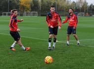 Mathieu Debuchy, Laurent Koscienly and Francis Coquelin at Arsenal's London Colney